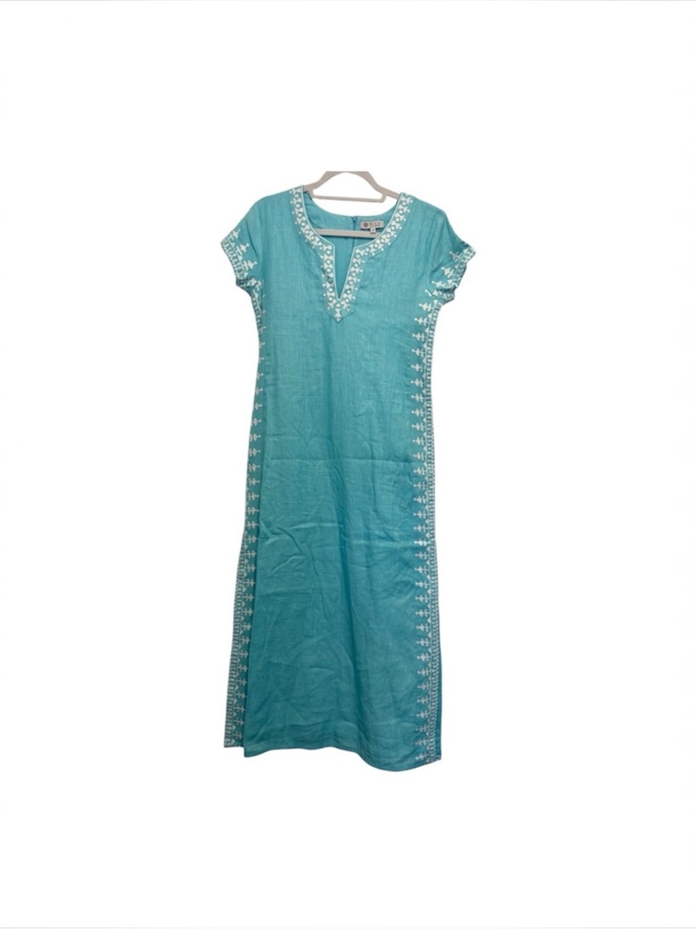 Sulu Collection Aqua Blue Embroidered Linen Caftan Dress Size 4 NWOT.
